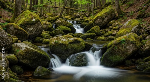 Lush green forest stream cascades over mossy rocks, serene nature