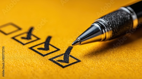 A textured yellow paper with a list of checkboxes and a black ballpoint pen marking the third checkbox with a checkmark.