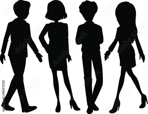 A professional vector illustration featuring a black silhouette group of business people, including a businessman and woman standing in an office meeting alongside a diverse crowd and family

