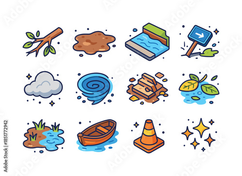 Storm Aftermath Icons. Storm Aftermath. Colorful isometric vecto