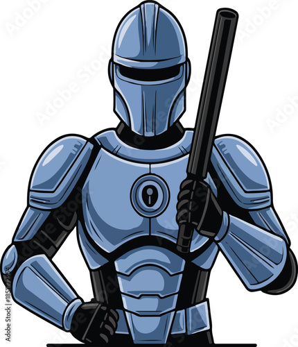 Futuristic metallic security robot guard holding a protective baton.