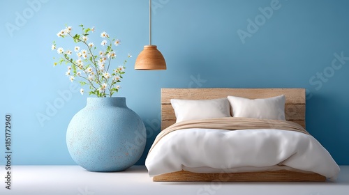 A stylish bedroom featuring a cozy bed and a decorative vase with flowers against a soothing blue wall, Ideal for home decor projects, interior design, or lifestyle articles,