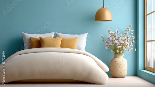 A cozy bedroom featuring a plush bed with decorative pillows, a stylish hanging light, and a vase of flowers by the window, ideal for use in interior design, home decor, or lifestyle content,