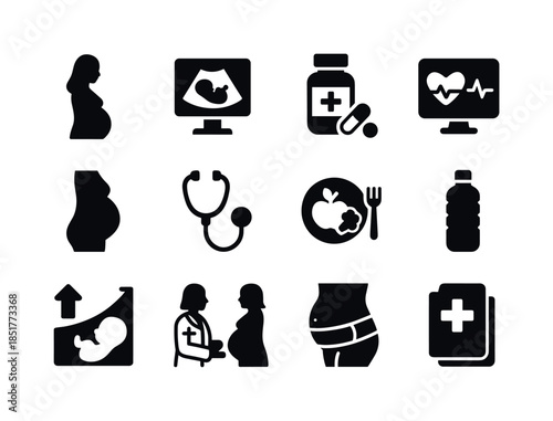 Prenatal Care Icons. Prenatal care. Solid icon set of prenatal c