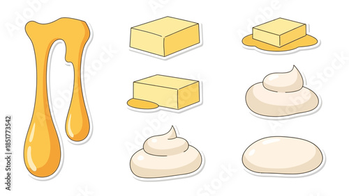 A delightful vector illustration set of essential breakfast and baking ingredients, showcasing golden honey drips, creamy butter blocks, and soft dollops of whipped cream
