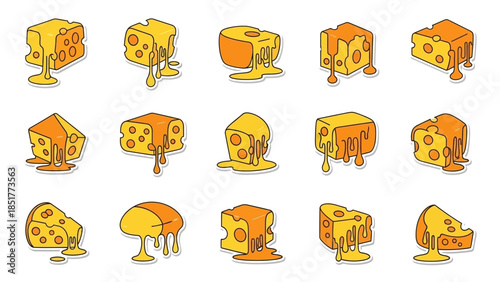 A delightful collection of varied cheese illustrations, depicting blocks and slices in various stages of delicious melting, perfect for food design and culinary graphics and web elements