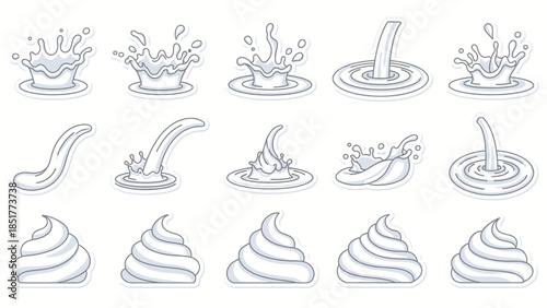 Collection of water splashes and swirls with cream dollops in a vector illustration