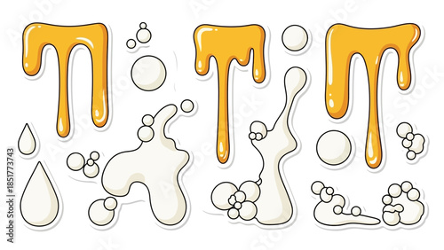 Dripping liquid elements for design, including honey and milk splashes and droplets