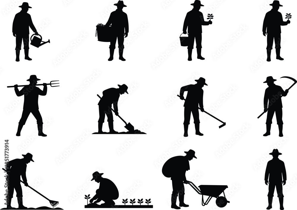 Obraz premium Farmer silhouette set with gardening tools and farming activities, agricultural worker illustrations, rural lifestyle concept, black vector figures isolated