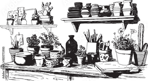 Illustration of plants in decorative pots on wooden shelves. A black lineart vector set featuring cacti and flowers in a contemporary indoor setting.