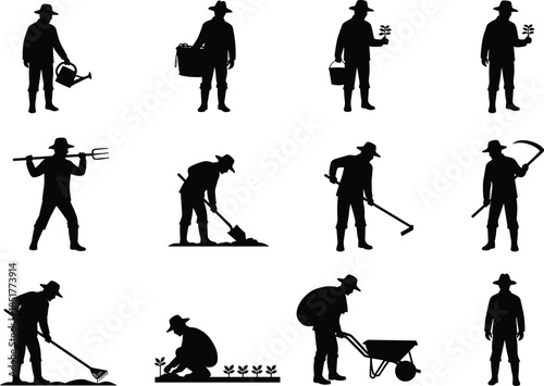 Farmer silhouette set with gardening tools and farming activities, agricultural worker illustrations, rural lifestyle concept, black vector figures isolated