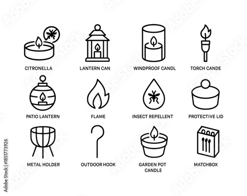 Outdoor Candle Icons. Outdoor candles. Line icon set of outdoor
