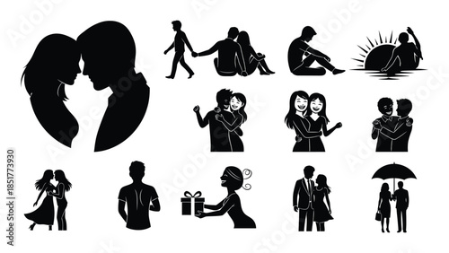 Silhouettes of couples in various poses. vector silhouettes of romantic couple for Valentine's day