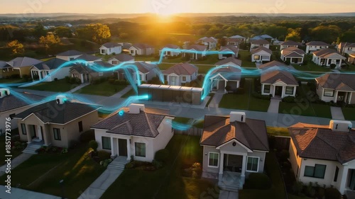 Suburban neighborhood house and home rooftop solar panel energy grid power network with smart home wireless connection digital communication and modern technology residential street community living
