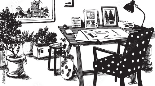 Office desk with a chair and plants. Black and white vector illustration showcasing a creative workspace set with design elements.