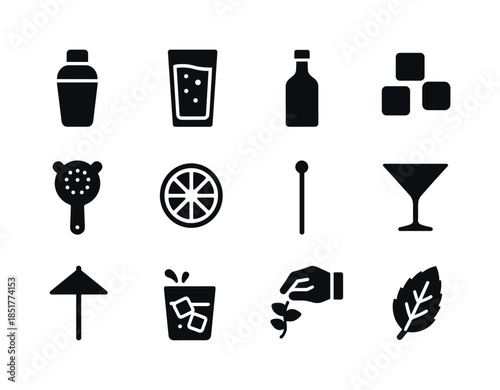 Cocktail Icon Set. Cocktail Making. Solid icon set of Cocktail M
