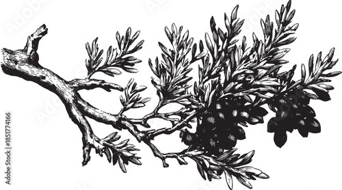 Branch with leaves and cones, detailed black and white botanical vector illustration. Vintage art showcasing nature's elements.