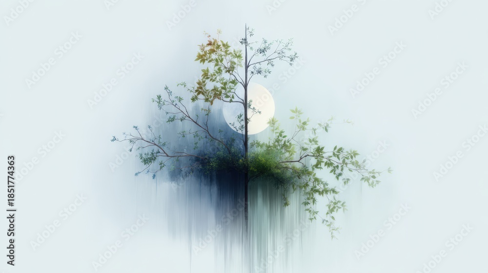 Obraz premium A serene digital artwork featuring a tree with soft colors against a pale backdrop and a glowing moon, Ideal for nature-themed projects, wellness materials, or calming design elements,