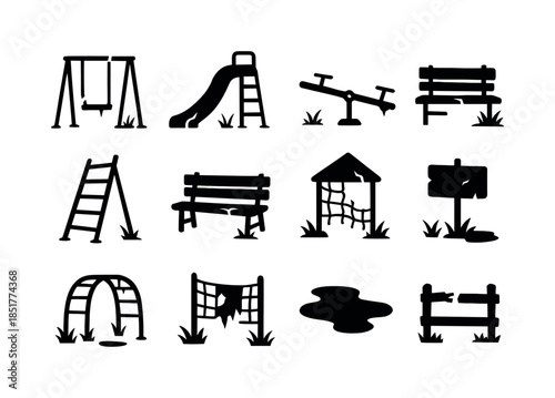 Abandoned Playground Icons. Dilapidated playground. Solid icon s
