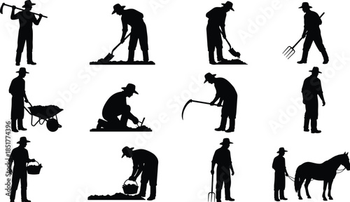 Farmer silhouettes set with agricultural tools wheelbarrow horse isolated on white background for rural farming labor illustration collection concept artwork