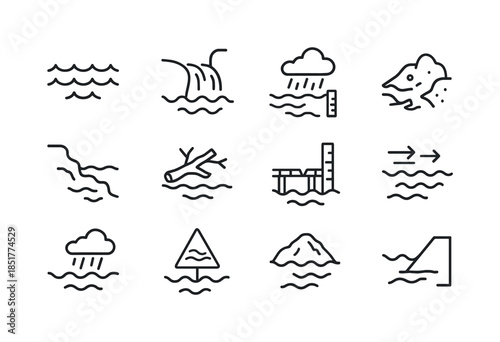 River Flood Icon Set. River Flooding. Line icon set of River Flo
