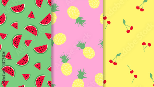 Collection of seamless tropical fruit patterns with juicy watermelon slices on green, yellow pineapples on pink and red cherries on yellow. Bright flat vector textures perfect for summer wrapping