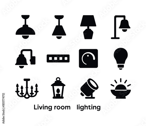 Living Room Lighting Icons. Living room lighting. Solid icon set