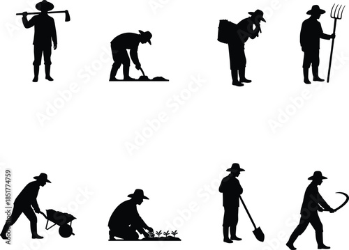 Farmer silhouettes working agriculture tools set isolated on white background for rural farming cultivation harvesting and manual labor concept illustration