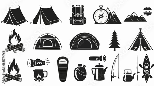 Camping and Outdoor Adventure Gear Collection Icons.