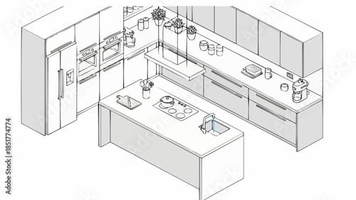 Modern Kitchen Design with Island and Appliances.