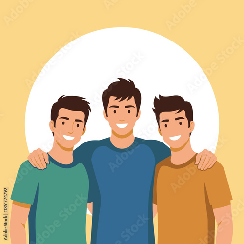 Three young men standing together with their arms around each other's shoulders, smiling and happy, illustration, friendship, casual clothing