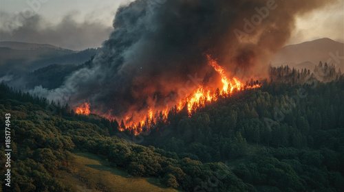 Hillside forest burning fiercely amid dense smoke concept. A wildfire engulfs a forested hillside, showcasing nature's fury.