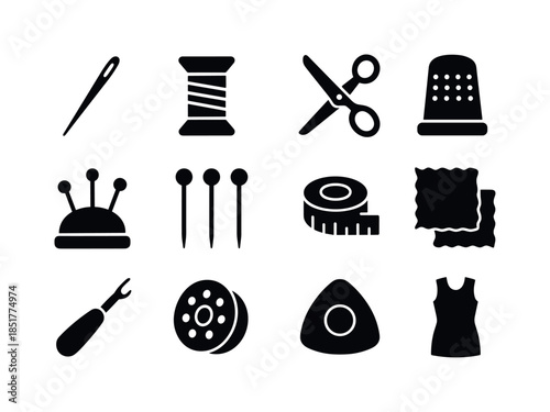Sewing Tools Icons. Sewing tools. Solid icon set of sewing tools