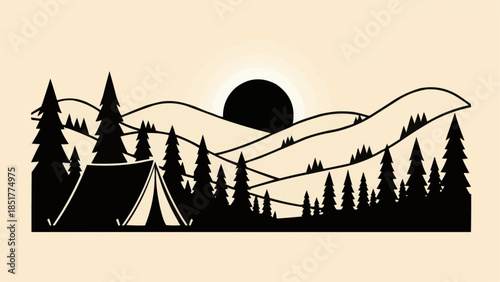 Silhouette of a camping tent nestled among pine trees with rolling hills and a setting sun in the background.