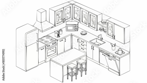 Modern Kitchen Interior Design Blueprint with Island and Appliances.