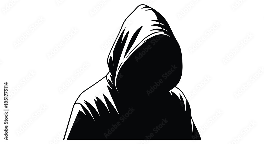 Εκτύπωση καμβά A striking black and white illustration of a hooded figure showcasing a dramatic