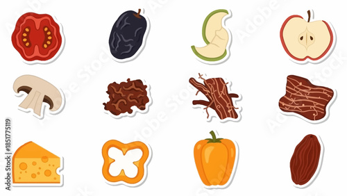 Vibrant illustrated food ingredients fruits, vegetables, cheese, and meats. Perfect for recipe design, healthy eating content, and culinary graphic design projects