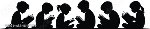Vector Illustration of Children Reading Books Silhouette, Featuring Boys and Girls Sitting in a Row for Education, Literacy, and Learning Concepts
