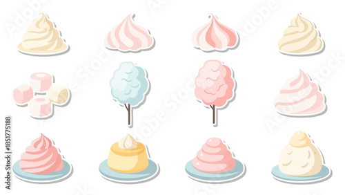 Vector illustrations of sweet desserts whipped cream, meringues, cotton candy, marshmallows, and pudding. Charming set for food and confectionery designs