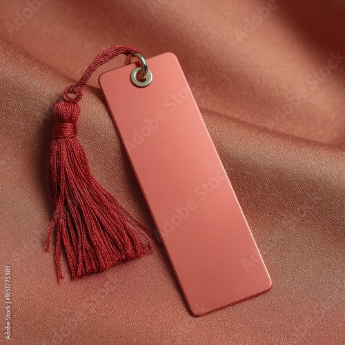 A coral rectangular bookmark with a red tassel rests on a shiny pink fabric.