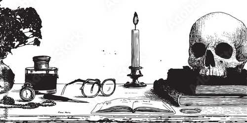 A set featuring a skull and candle on a vintage table. Includes glasses, a book, and an inkwell in this vector illustration.
