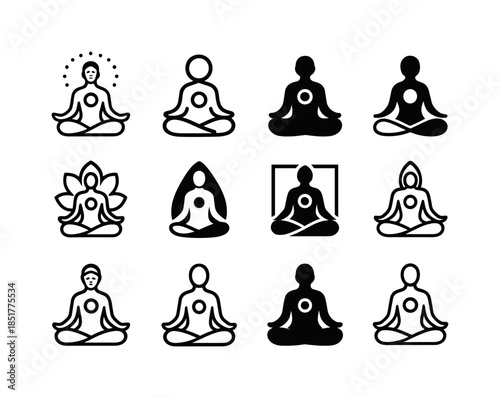 Meditation Icon Set. people meditating or practicing yoga for we