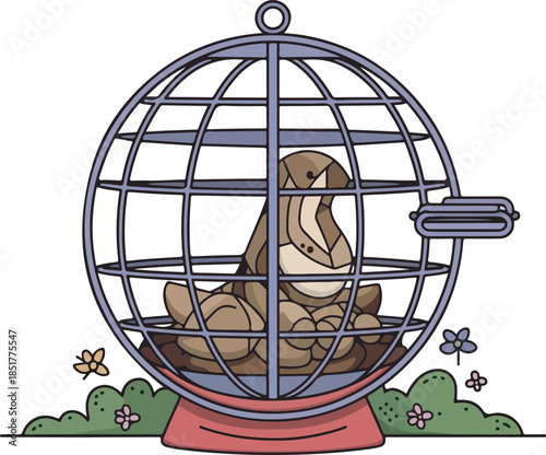 Cute small brown animal curled up inside a spherical cage.