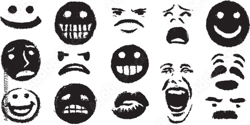 Expressive faces in a doodle style. Simple vector illustration of various emotions in black and white circles set.