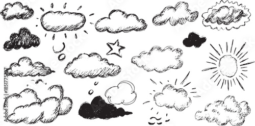Cloud and sun sketches in a doodle style. Simple black and white vector illustration set of various weather shapes and outlines.