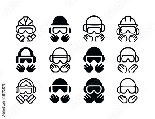 PPE Gear Logotypes. PPE gear laid out on table. Icon set. Set Lo