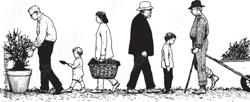 Gardening family. Illustration of people of various ages involved in the planting process outdoors. Simple vector illustration.