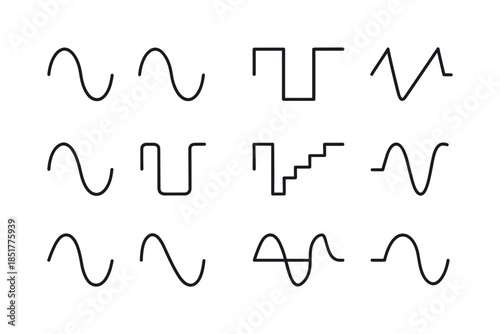 Waveform Icons Grid. Waveforms. Line icon set of Waveforms: sine
