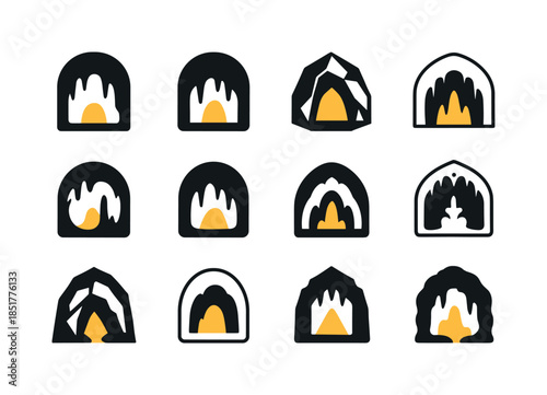 Cave Icon Set. Caves, Stalactites, and Underground Wonders. Icon