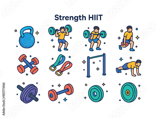 Colorful HIIT Workout Icons. Strength HIIT. Colorful isometric v